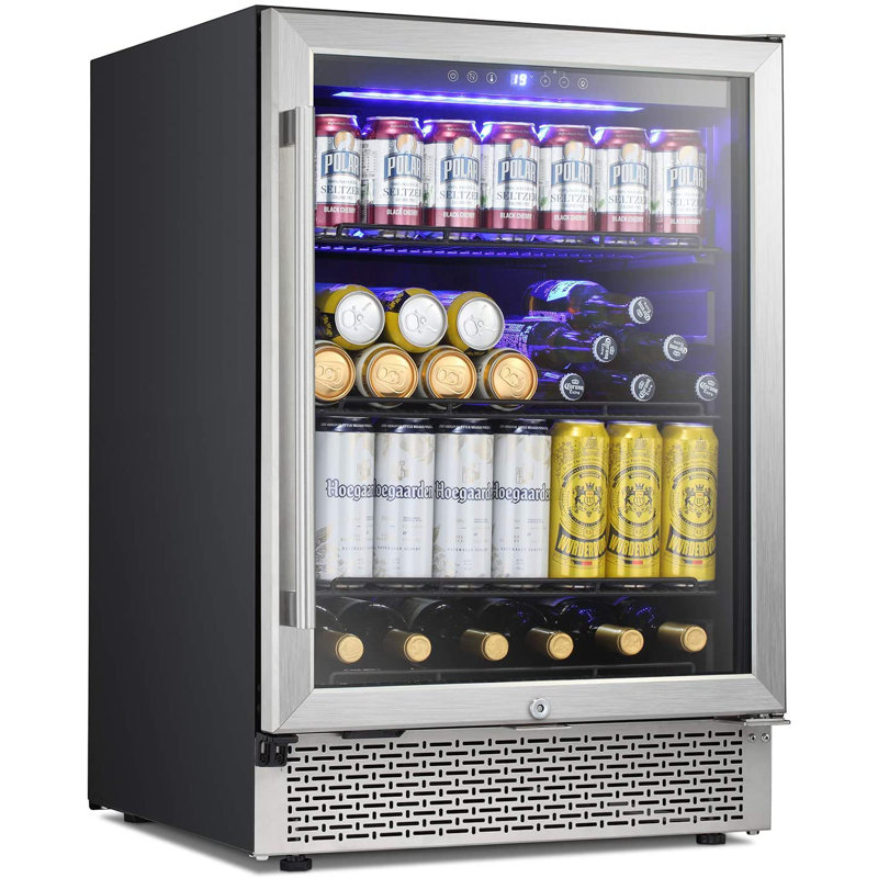 R.W.FLAME 24 Inch Beverage Refrigerator BuitIn Wine Cooler Mini Fridge Clear Glass Door Digital